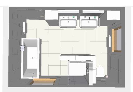 Obenansicht Badezimmergrundriss mit Doppelwaschtische, Badewanne und Toilette