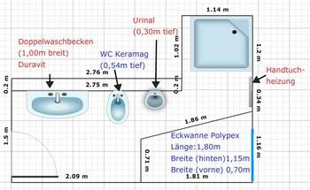 Badezimmer Grundriss mit Doppelwaschbecken, WC, Urinal, Dusche und Handtuchheizung.
