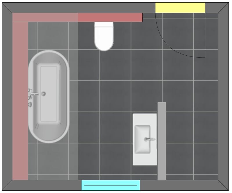 Top-Down-Badezimmer Grundriss mit Badewanne links, Waschbecken rechts, Tür oben rechts