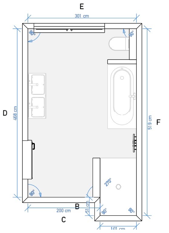 2D-Badgrundriss mit Badewanne, Doppelwaschbecken und Türöffnung