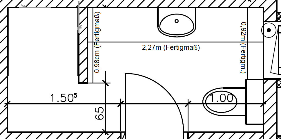 Grundriss eines Badezimmers mit Waschbecken, Toilette, Tür und Abmessungen.