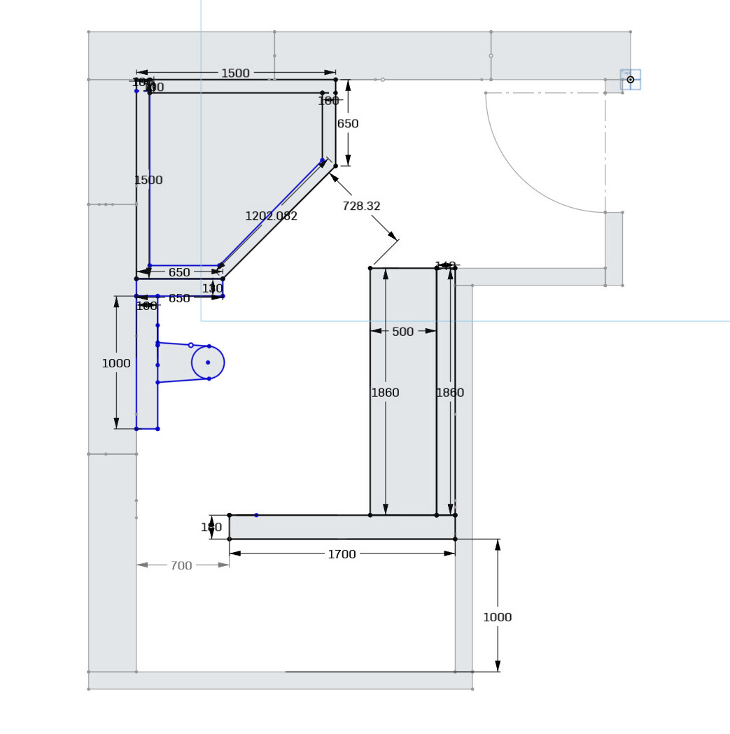 Grundriss eines Badezimmers mit Toilette, Waschbecken und Türbogen sowie Maßangaben
