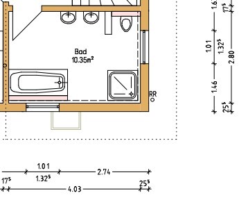 Badezimmer-Grundriss mit Badewanne, Waschbecken und Toilette, Maßangaben