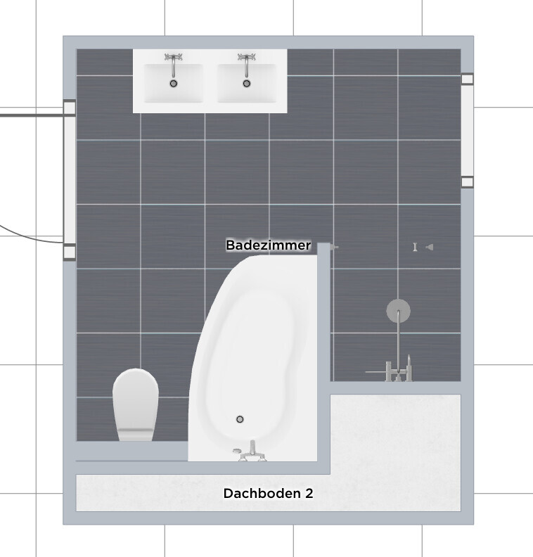 2D-Badezimmer-Grundriss mit Badewanne, Toilette und Doppelwaschbecken.