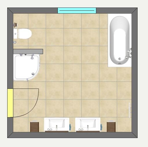 Grundriss eines Badezimmers: WC links, Dusche links, Badewanne rechts, Doppelwaschtisch unten.
