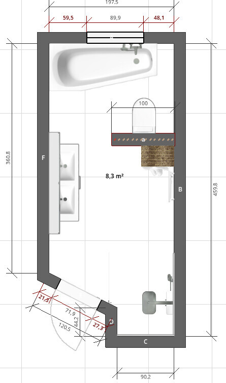 Badezimmer-Grundriss: Badewanne oben, Doppelwaschbecken links, Toilette rechts, Tür unten links.