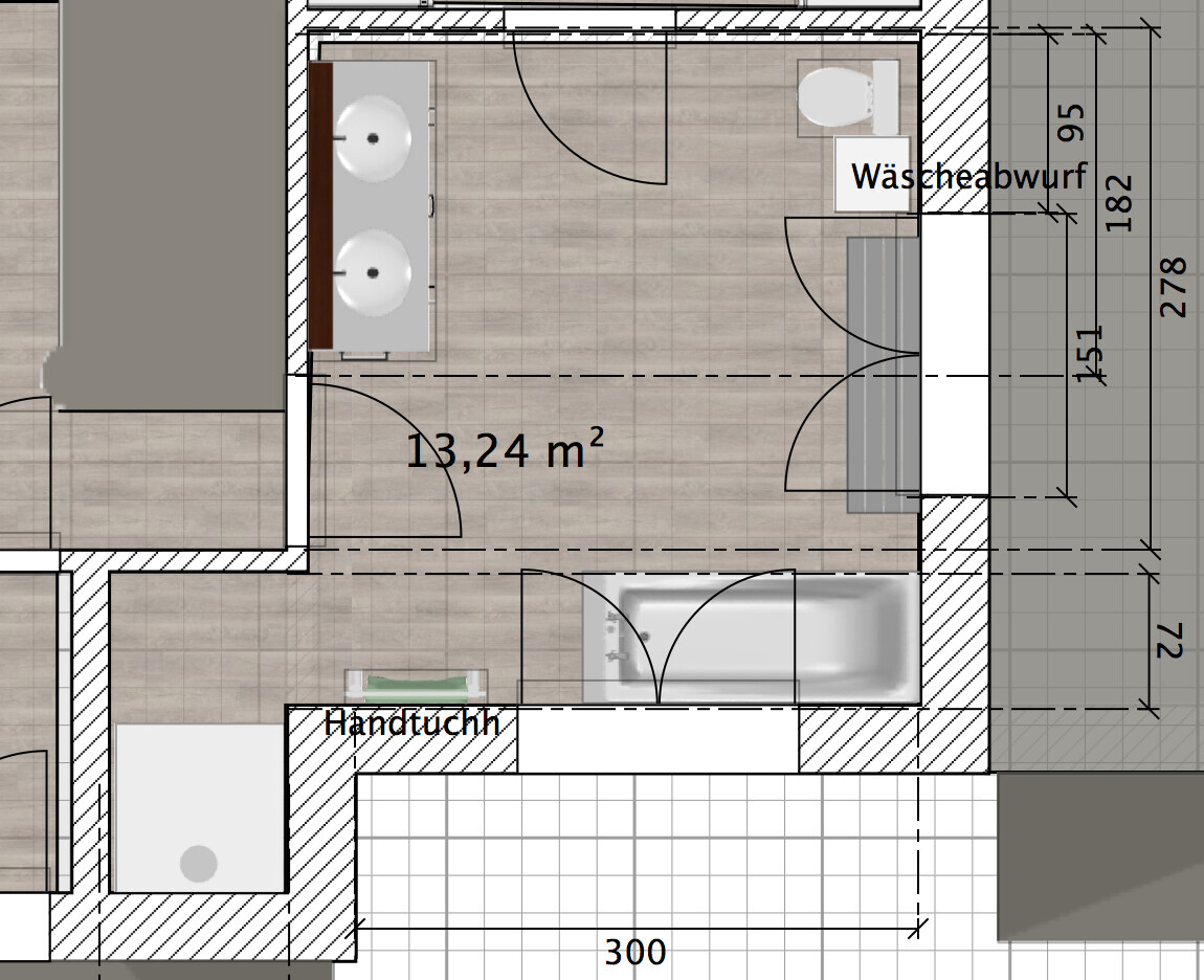 Badezimmer-Grundriss mit Badewanne, Doppelwaschtisch, Toilette und Tür.