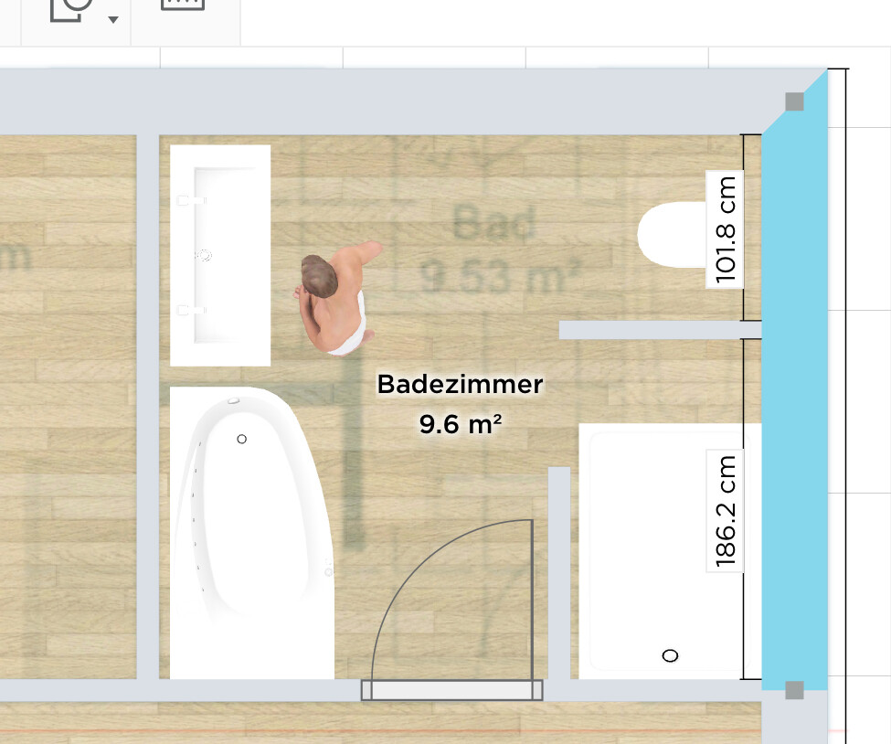Grundriss eines Badezimmers mit Badewanne, Toilette und Waschtisch auf Holzfußboden