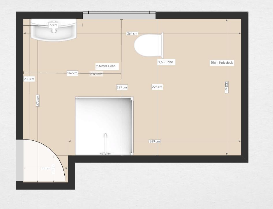 Grundriss eines Badezimmers mit Dusche, Toilette und Tür und Maßangaben im Plan