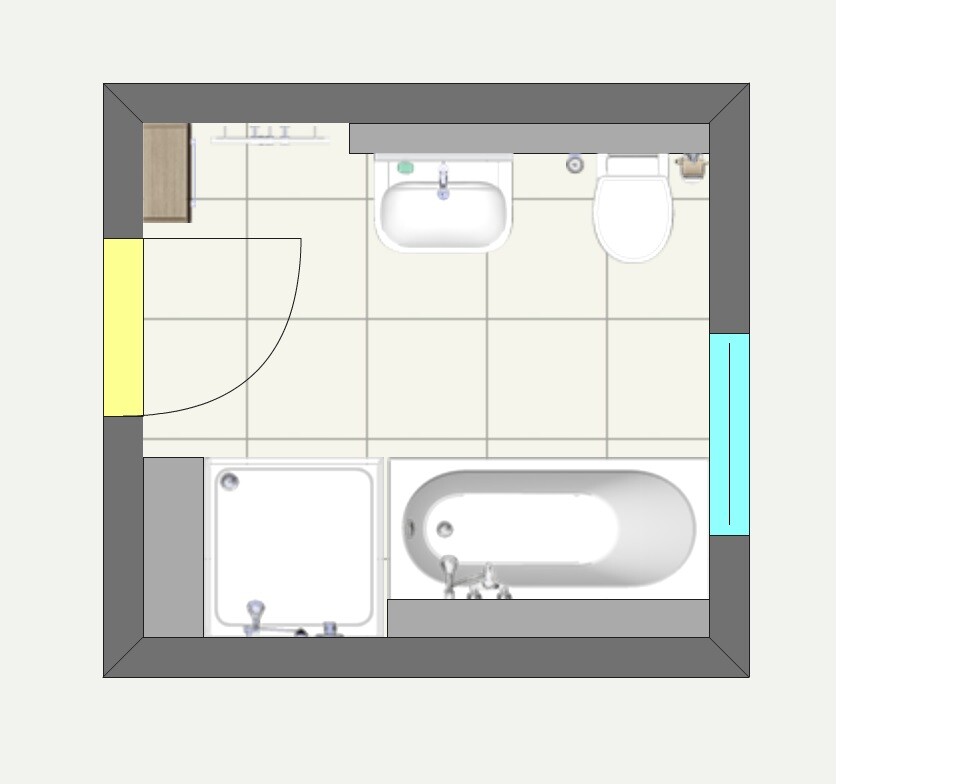 Grundriss eines Badezimmers mit Badewanne, Dusche, Toilette und Waschbecken