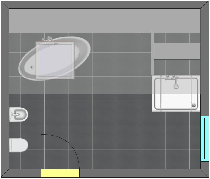 Draufsicht auf Badezimmer: Badewanne links, Toilette unten links, Waschbecken rechts, Fliesenboden.