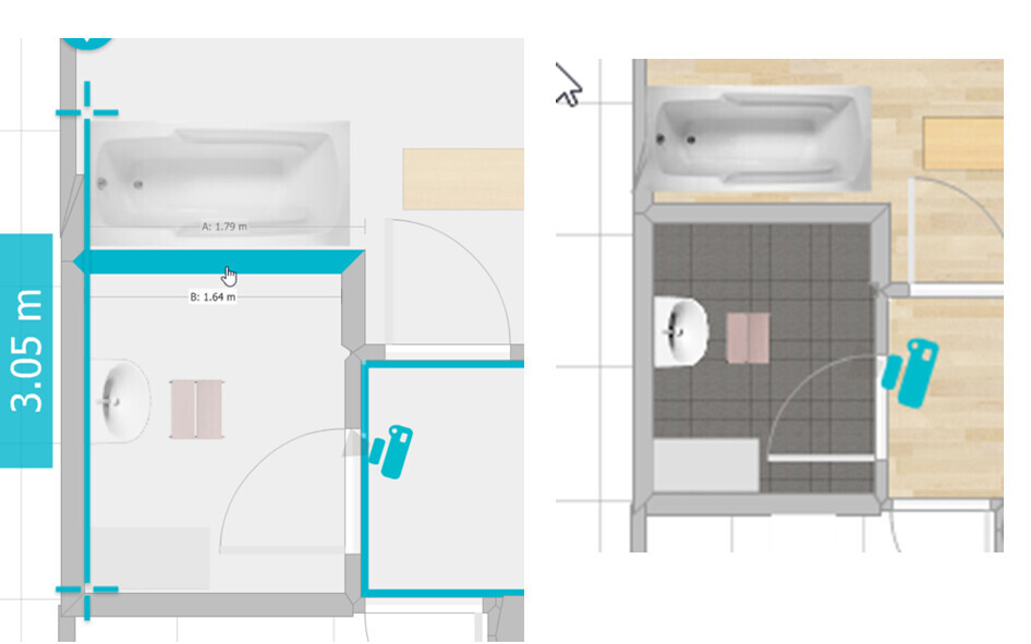 Badezimmer Grundriss mit Badewanne, Waschbecken und Toilette in 2D-Planansicht