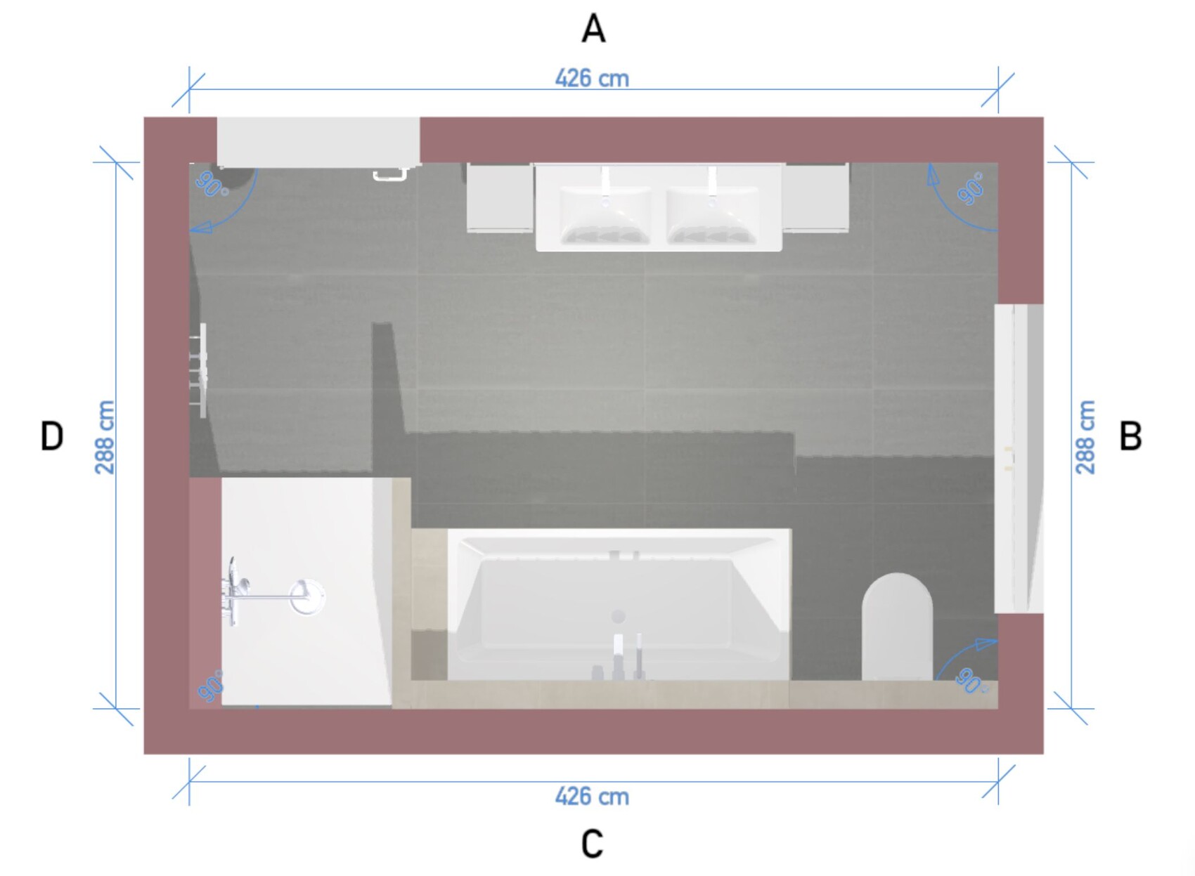 Badezimmer-Grundriss von oben: Badewanne unten, Doppelwaschbecken oben, Dusche links, Tür rechts.