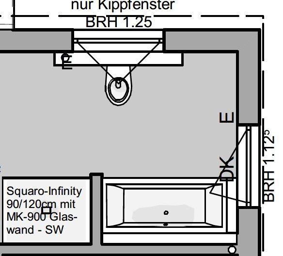 Grundriss eines Badezimmers mit Badewanne und Glasdusche, technischer Plan