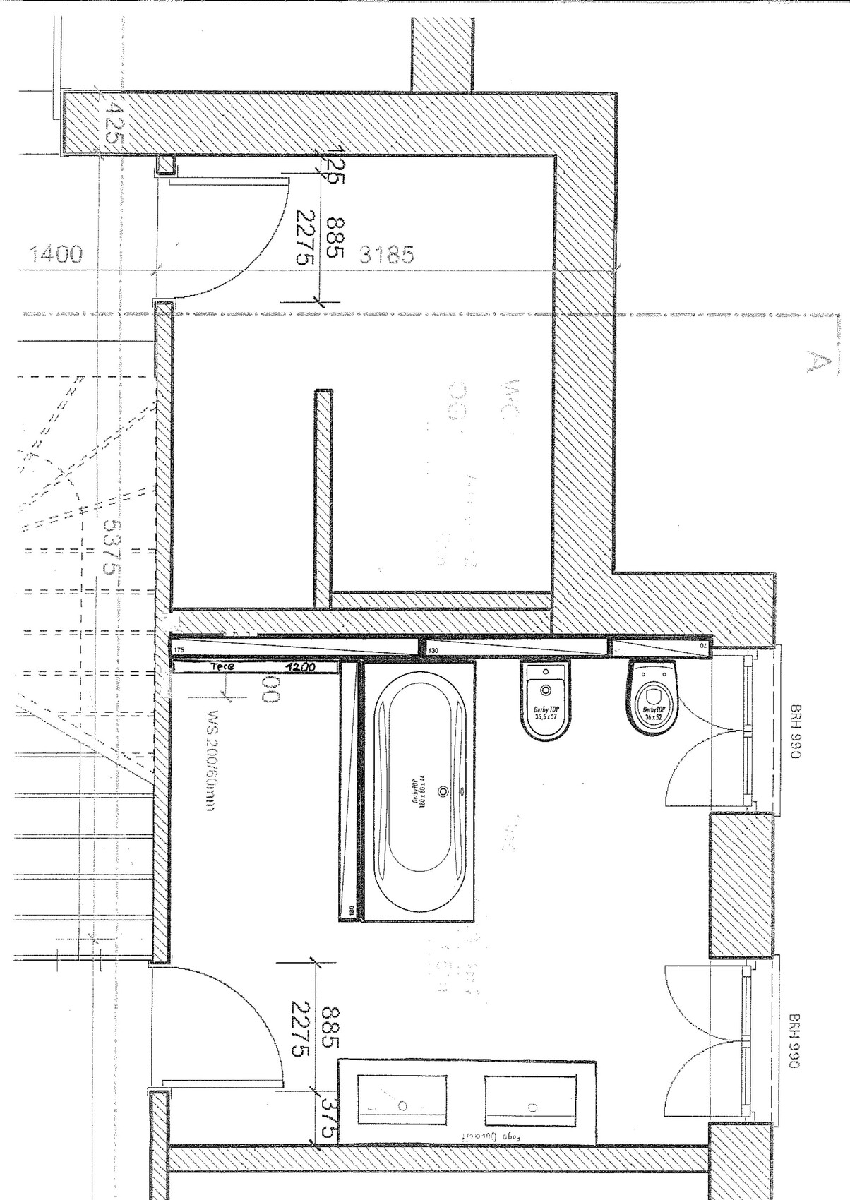 Grundriss eines Badezimmers mit Badewanne, WC und Waschbecken