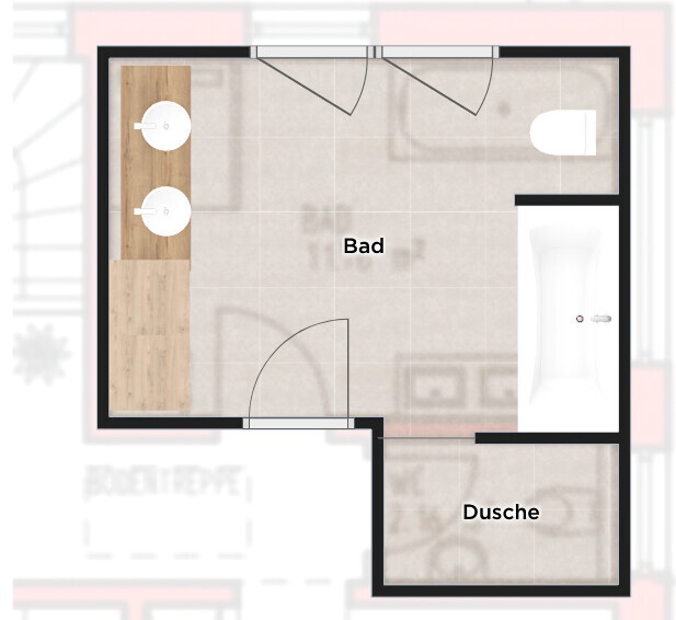 2D-Badgrundriss mit Waschbecken, Badewanne und Dusche