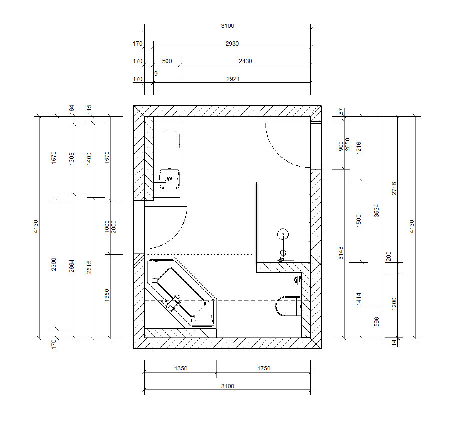 2D Badezimmer Grundriss mit Dusche, Toilette und Waschbecken