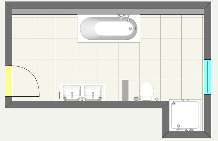 Grundriss eines Badezimmers mit Badewanne, Waschbecken, Toilette und Tür