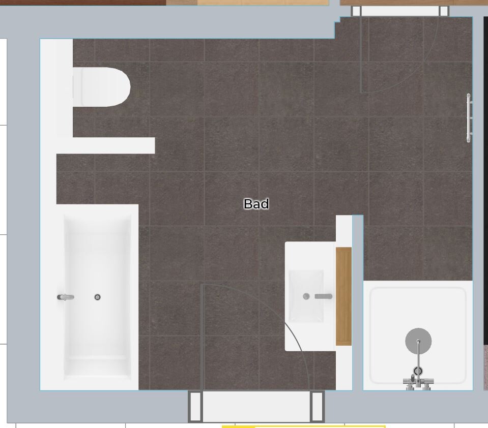 2D Badgrundriss zeigt Badewanne, Dusche und Waschbecken im Badezimmer.