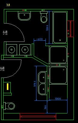 2D-Badgrundriss mit Waschbecken, Toilette, Badewanne und Dusche