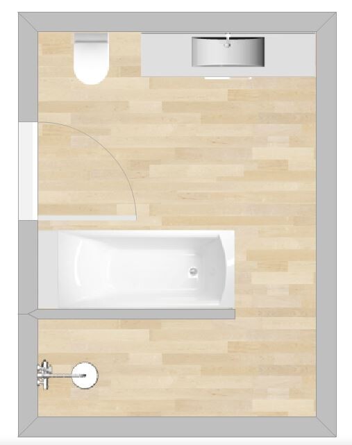 Grundriss eines Badezimmers mit Badewanne, Toilette und Waschbecken