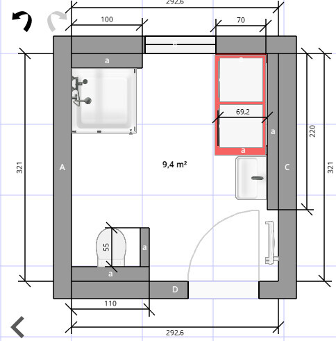 Grundriss eines Badezimmers mit Maßen und Türposition