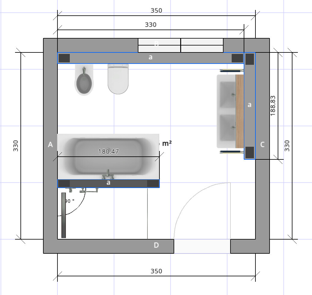 Grundriss eines Badezimmers mit Badewanne, Toilette, Waschtisch mit zwei Becken und Tür.