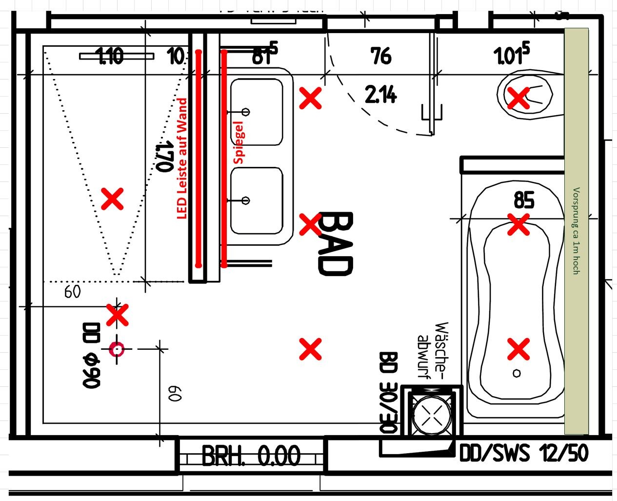 2D Grundriss eines Badezimmers mit Badewanne, Waschbecken und Toilette