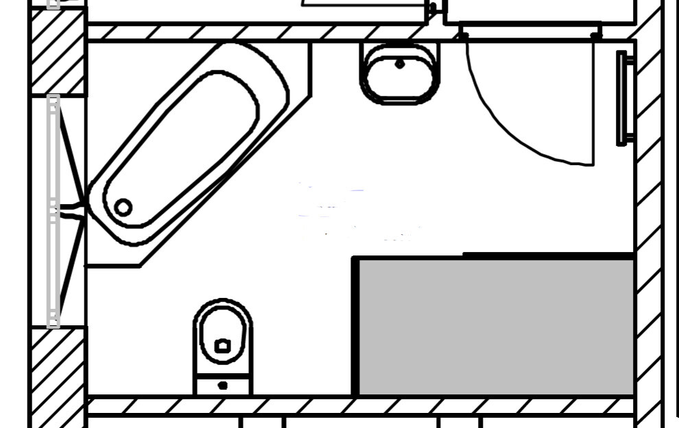 Badezimmer-Grundriss: Badewanne links, Toilette unten, Waschbecken oben, Tür rechts.