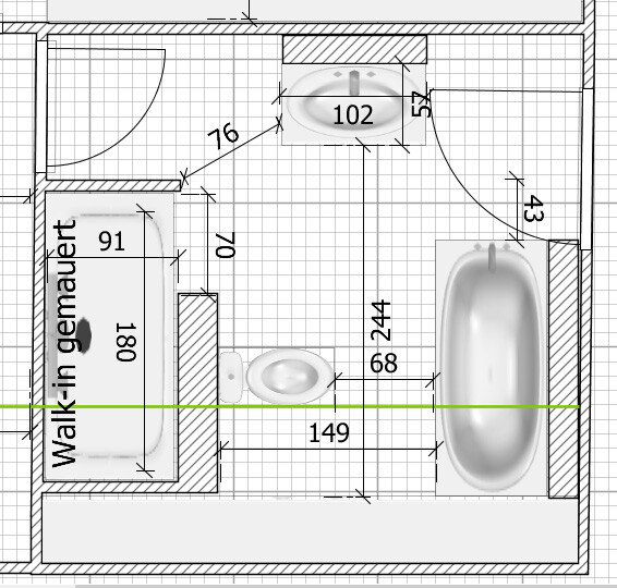 Badezimmer-Grundriss: Badewanne rechts, Toilette Mitte, Waschbecken oben, Tür links.