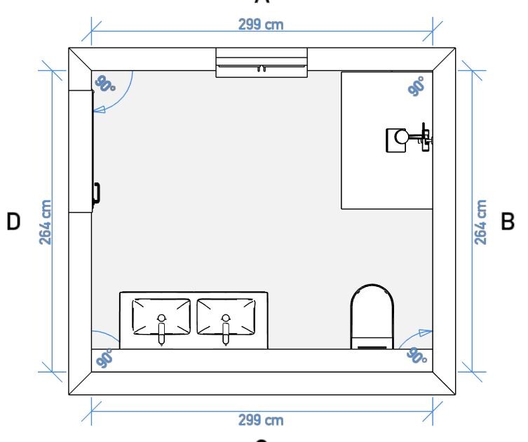 Badezimmer Grundriss mit zwei Waschtischen und Toilette, rechteckiger Raum