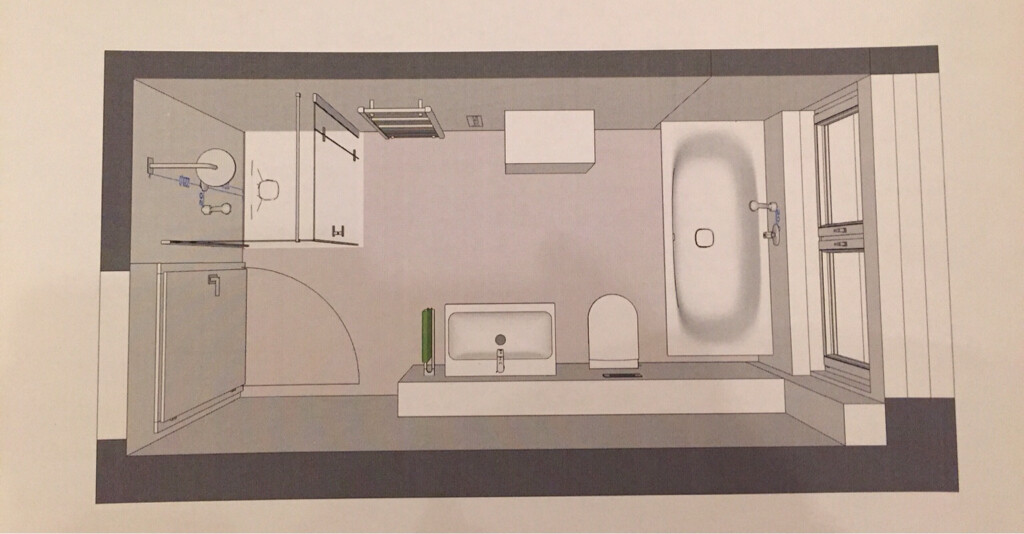 Badezimmer-Grundriss von oben mit Badewanne, Dusche, Waschbecken und Toilette