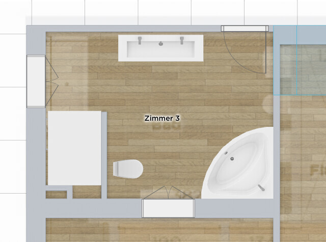 Badezimmer in Zimmer 3 mit Waschbecken, Toilette links und Eckbadewanne rechts auf Holzboden