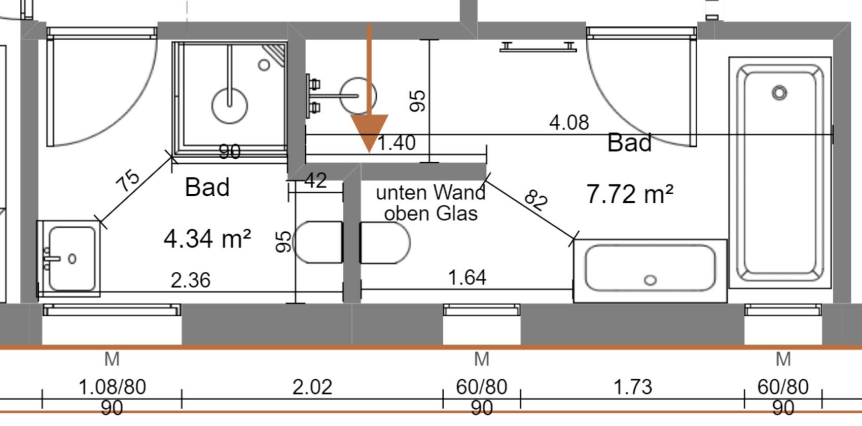 Grundriss eines Badezimmers: Badewanne rechts, Toilette in Mitte, Dusche links.
