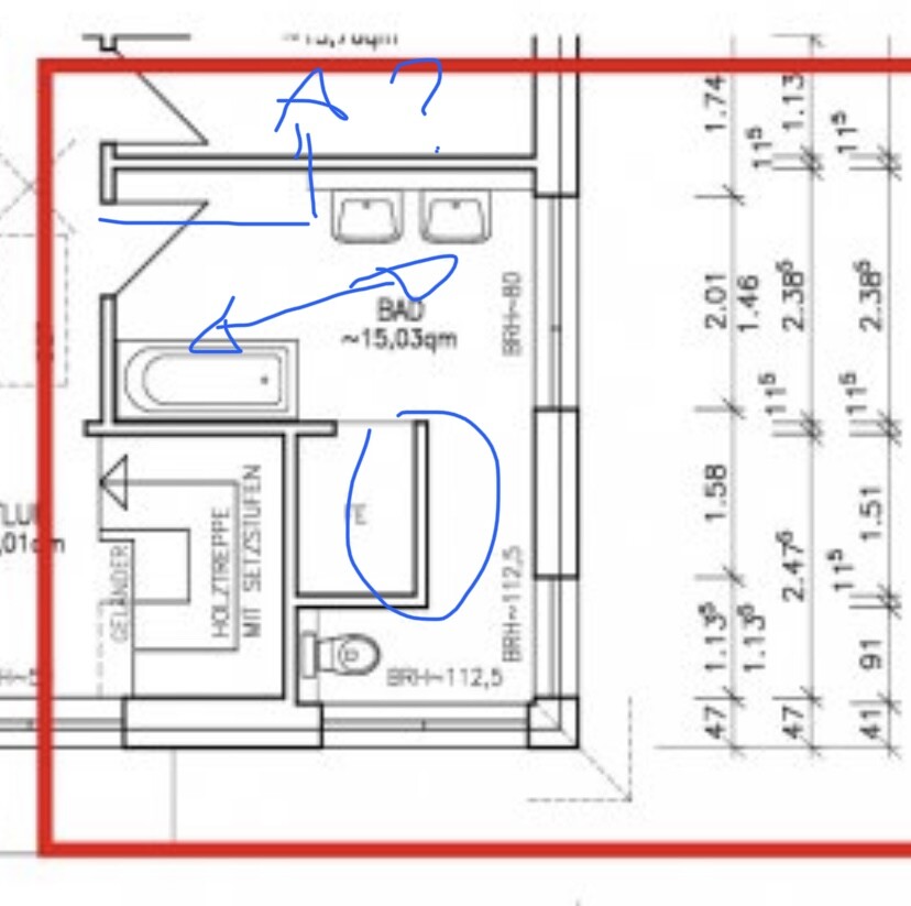 Architekturplan: Badezimmergrundriss mit Doppelwaschbecken, Badewanne und Toilette.