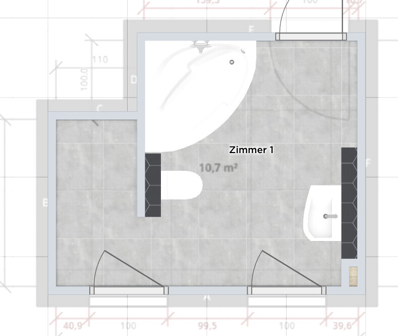 Grundriss eines Badezimmers (Zimmer 1) mit Badewanne, WC und Waschbecken.