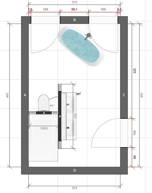 Grundriss eines Badezimmers mit Badewanne, Tür und Möbeln