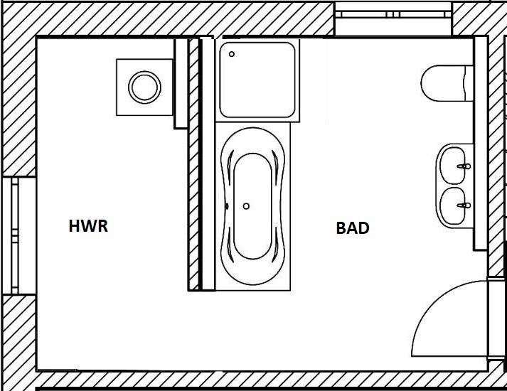 Grundriss eines Badezimmers mit Badewanne, Doppelwaschbecken und Tür; daneben HWR mit Waschmaschine.
