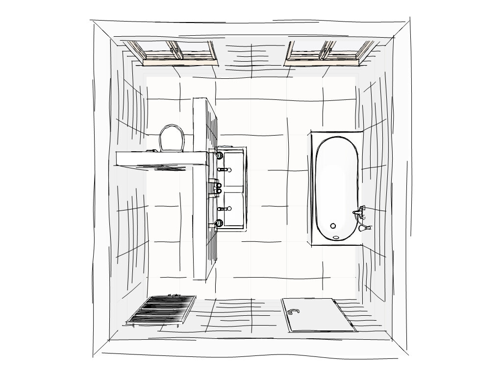 Skizzenhafte Badezimmer-Layout mit Badewanne, Waschbecken und Toilette