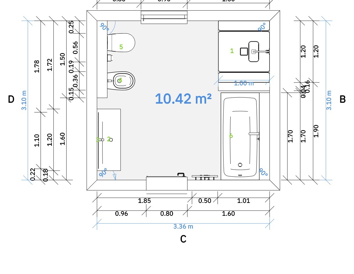 Grundriss eines Badezimmers: Dusche, WC, Waschbecken und Badewanne; Fläche ca. 10,42 m²