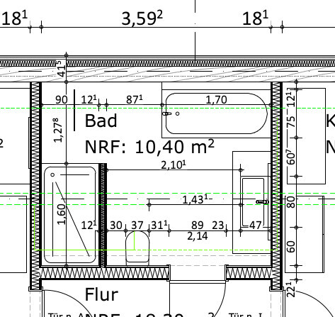 2D-Badgrundriss mit Badewanne, Toilette und Flur in einem Grundrissplan