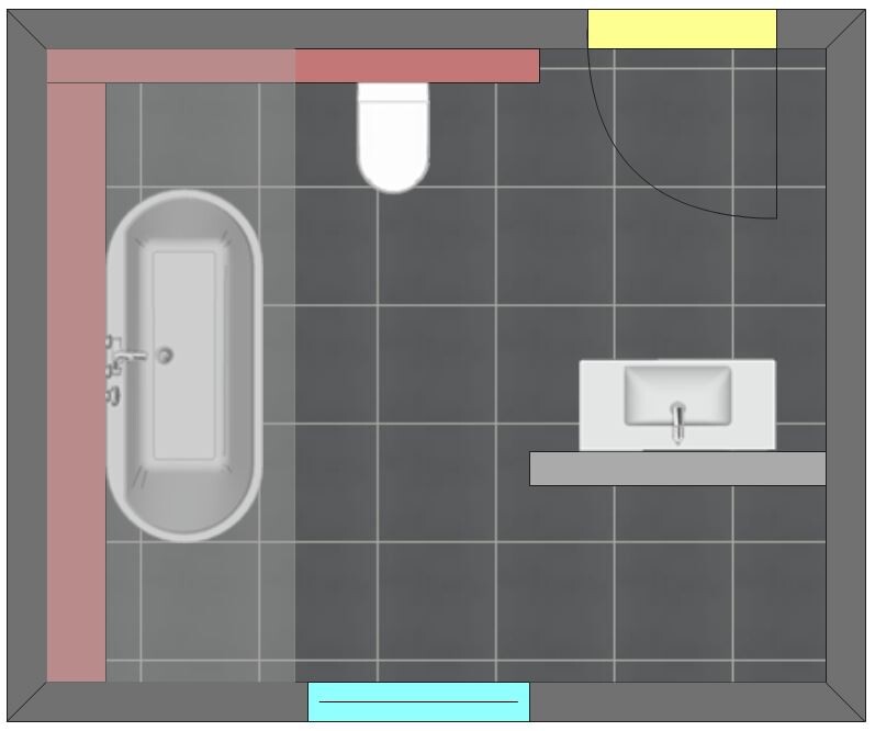 2D-Badgrundriss mit Badewanne, Toilette und Waschbecken auf dunklem Fliesenboden