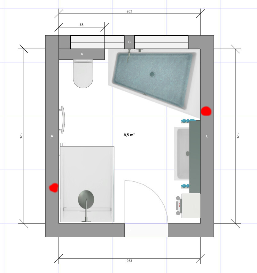 Grundriss eines Badezimmers: Badewanne oben rechts, Dusche links, Toilette, Waschbecken rechts.