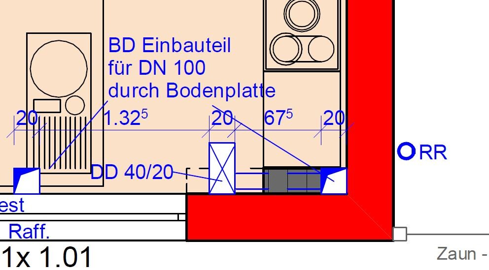 Detaillierter Badgrundriss mit Sanitärinstallationen und Maßen im Planlayout