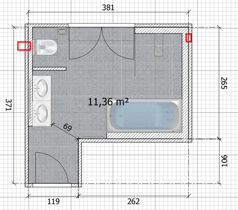 Grundriss eines Badezimmers mit Badewanne, zwei Waschbecken, Toilette und Tür, 11,36 m2.
