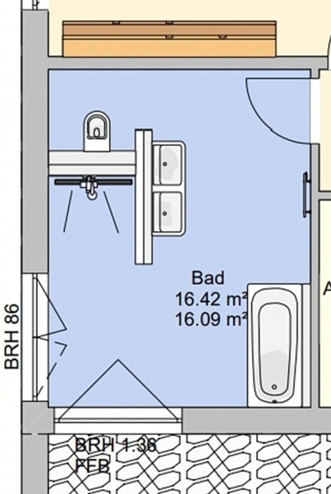 Grundriss eines Badezimmers mit Doppelwaschbecken, Badewanne und Tür.