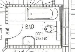 2D-Badgrundriss mit Badewanne, Waschbecken und Toilette