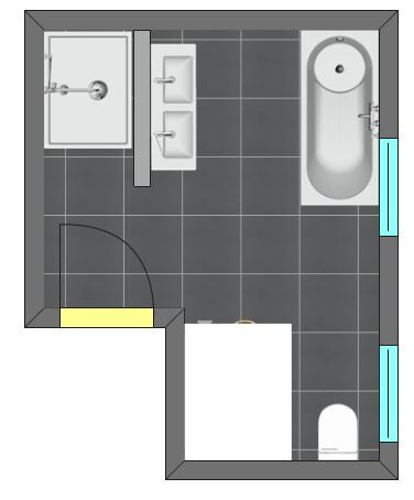 Badezimmer-Grundriss mit Dusche, Doppel-Waschbecken, Badewanne und Toilette.