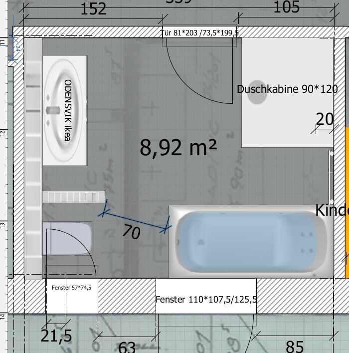 Grundriss eines Badezimmers: Waschbecken links, Duschkabine 90*120 rechts, Badewanne unten, Fenster.