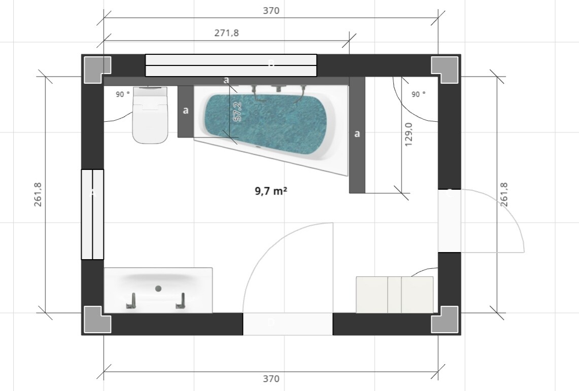 Grundriss eines Badezimmers: Toilette links, Badewanne oben, Waschtisch unten; Raumgröße 9,7 m².